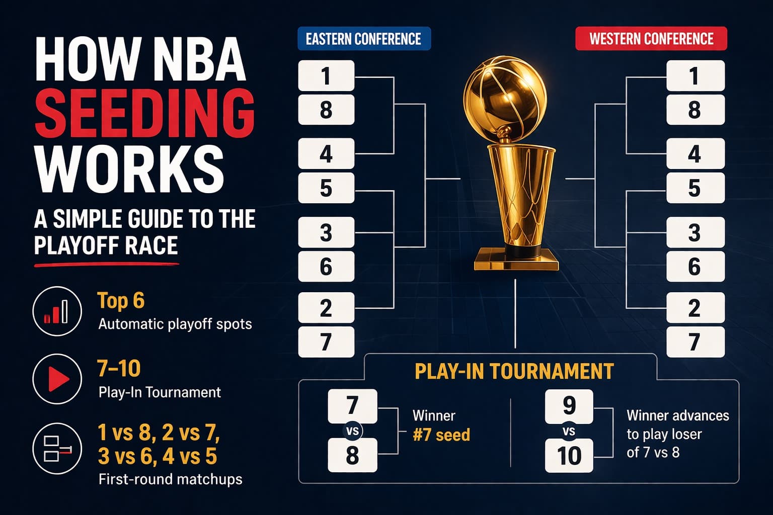 NBA playoff bracket graphic showing Eastern and Western Conference seeding positions and Play-In Tournament spots