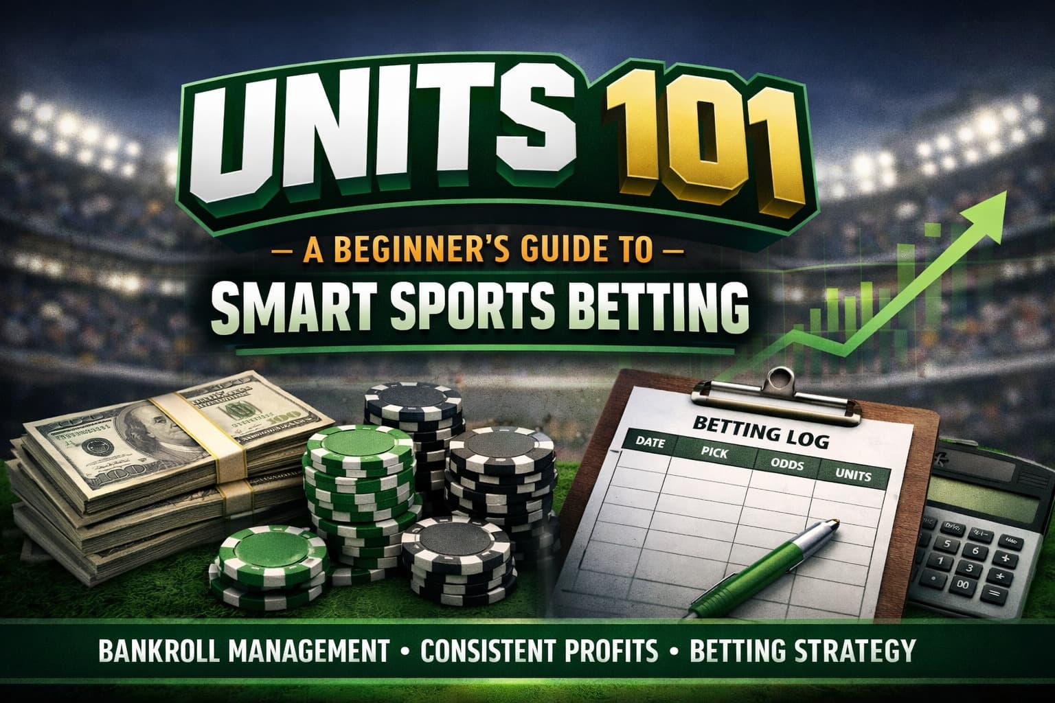 Cover image for Units 101 showing stacks of cash and poker chips, a betting log clipboard, a calculator, and an upward green graph in a stadium background.